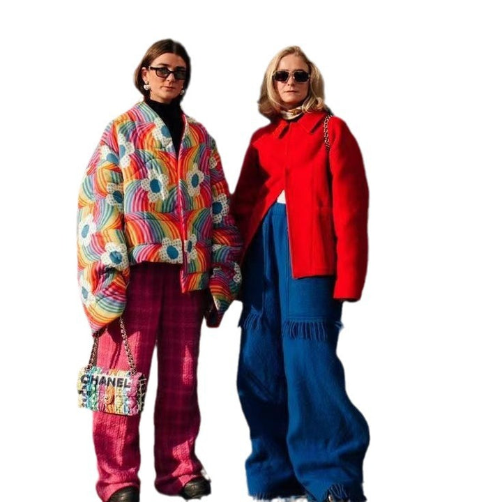 Women Short Oversized Padded Jacket with Colorful Rainbow Stripes and Flower Application Mune Fashion