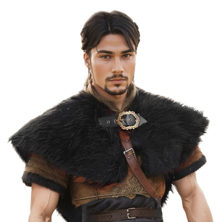 Men's Short Faux Fur Shoulder Cape in Medieval Style with Decorative Closure Mune Fashion