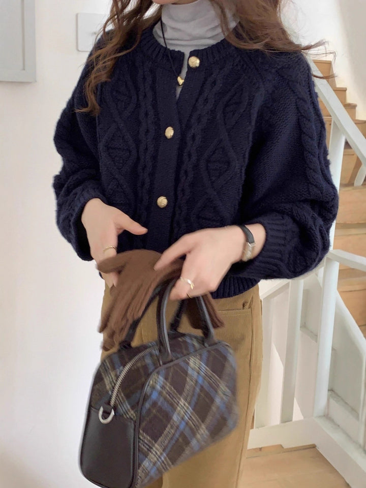 Women Short Cable Knit Cardigan with Gold Decorative Buttons Mune Fashion