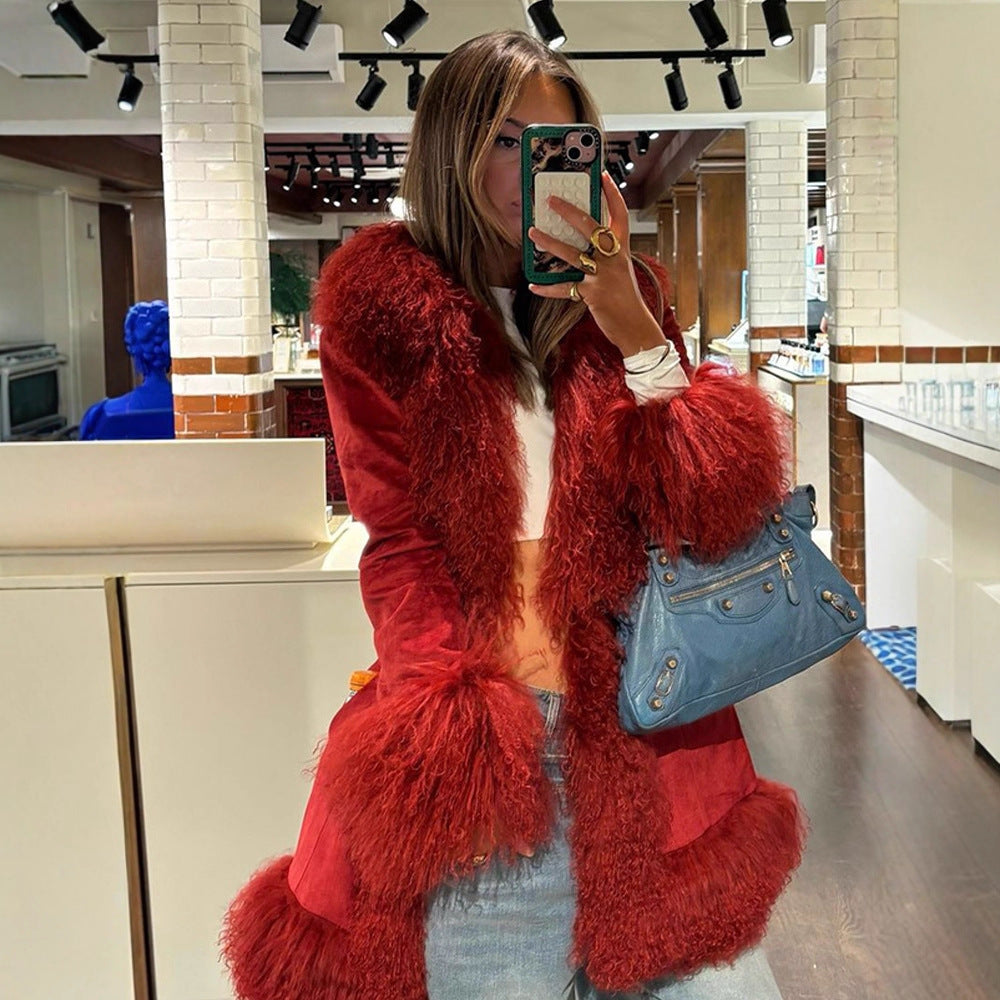 Women Longer Faux Fur Coat with Voluminous Shawl Collar and Decorative Fur Cuffs Mune Fashion