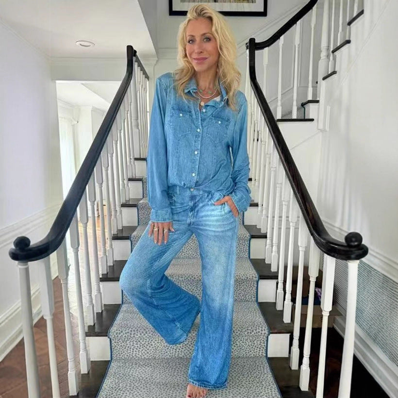 Women Relaxed Denim Loungewear Set with Oversized Shirt and Wide Flare Pants Mune Fashion