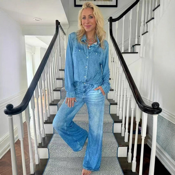 Women Relaxed Denim Loungewear Set with Oversized Shirt and Wide Flare Pants Mune Fashion