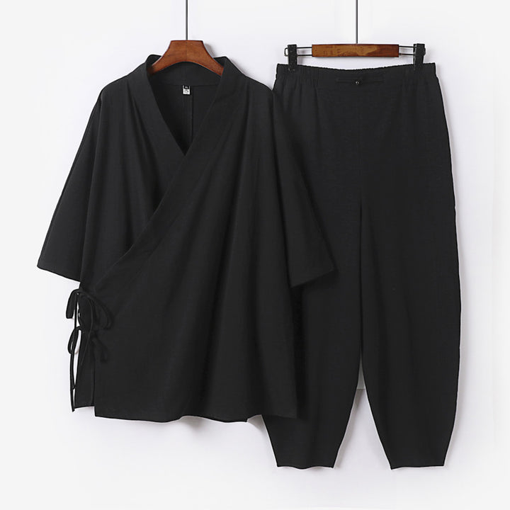 Unisex Lightweight Wrap Lounge Set in Kimono Style with Side Ties and Elastic Tapered Pants Mune Fashion