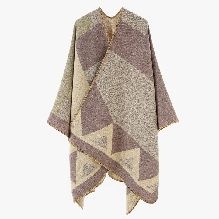 Women's Versatile Wool Blend Throw Poncho with Geometric Jacquard and Open Front