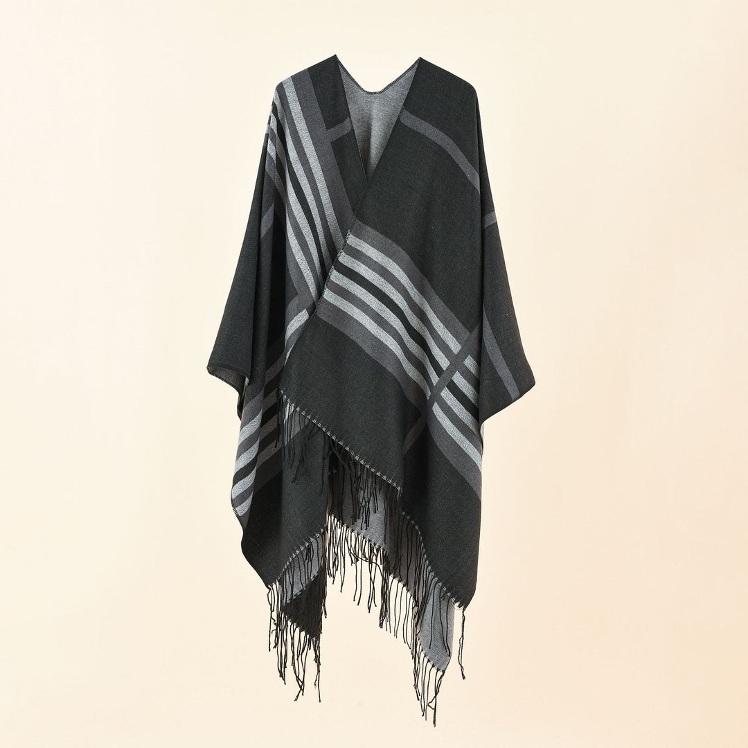Women Kastiger Ruana Wrap with Fringes and Diagonal Stripe Jacquard Mune Fashion
