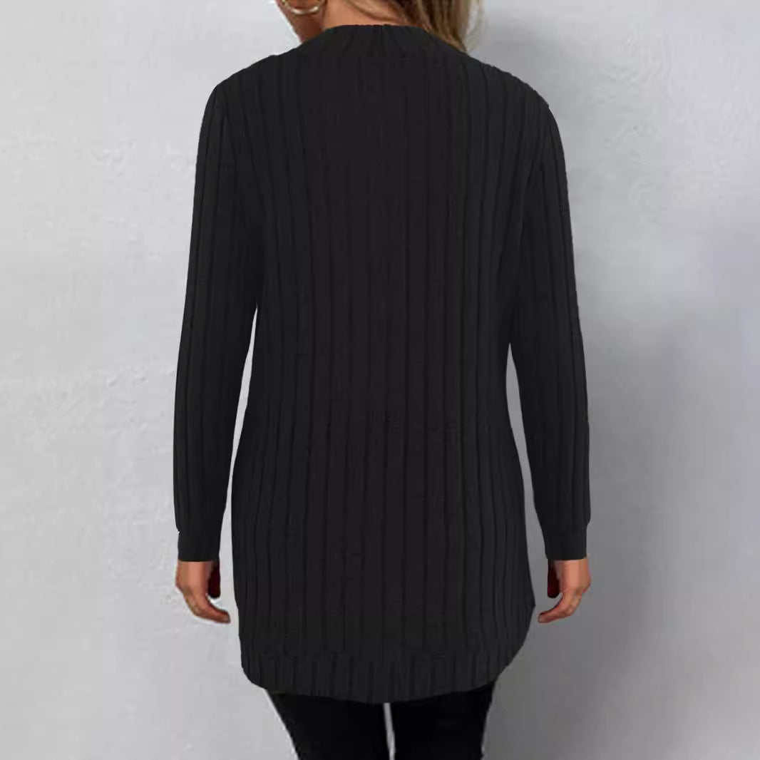 Women Long Open Ribbed Knit Cardigan with Rounded Hem Drune