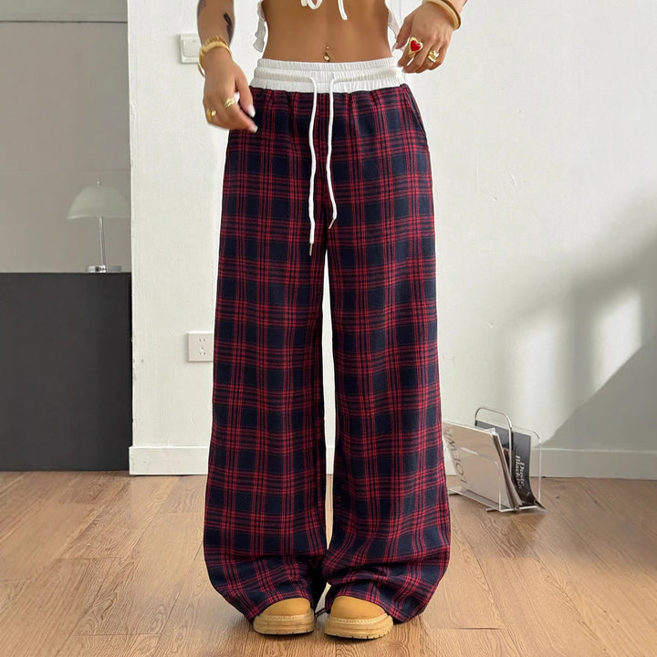 Women Checked Relaxed Pants with Wide Leg, Ribbed Waistband and Pockets Mune Fashion