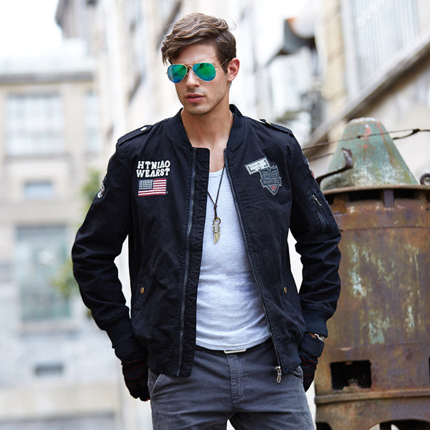 Men's lightweight bomber jacket in aviation utility style with shoulder epaulettes and sleeve pocket Mune Fashion