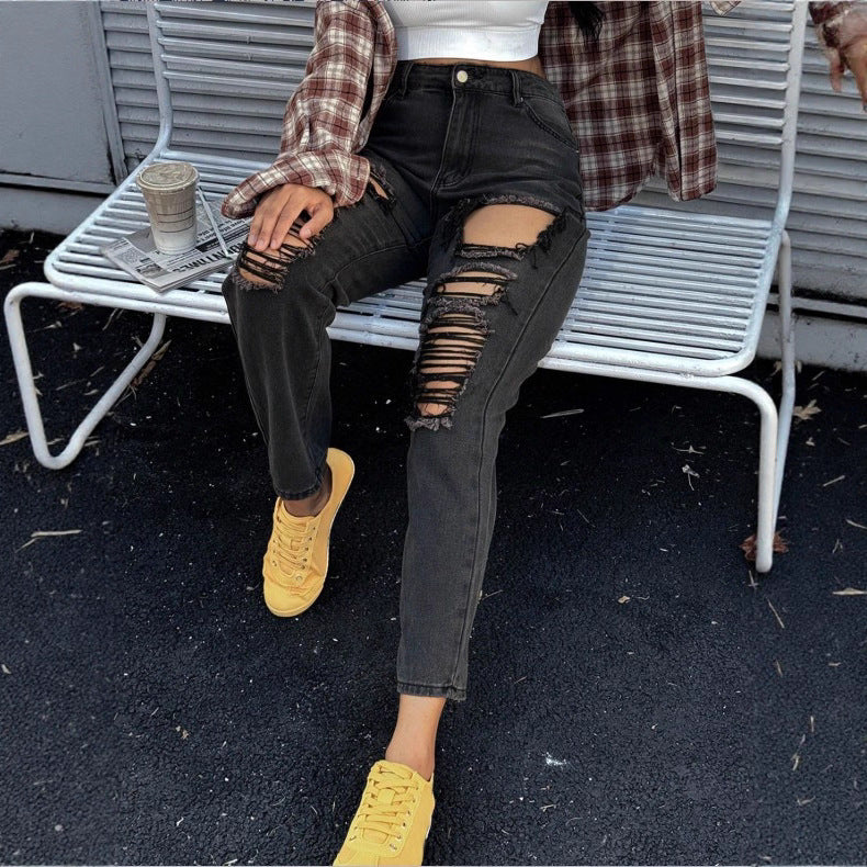 Ladies high-waisted ripped mom jeans with multiple knee cutouts and relaxed straight cut Mune Fashion