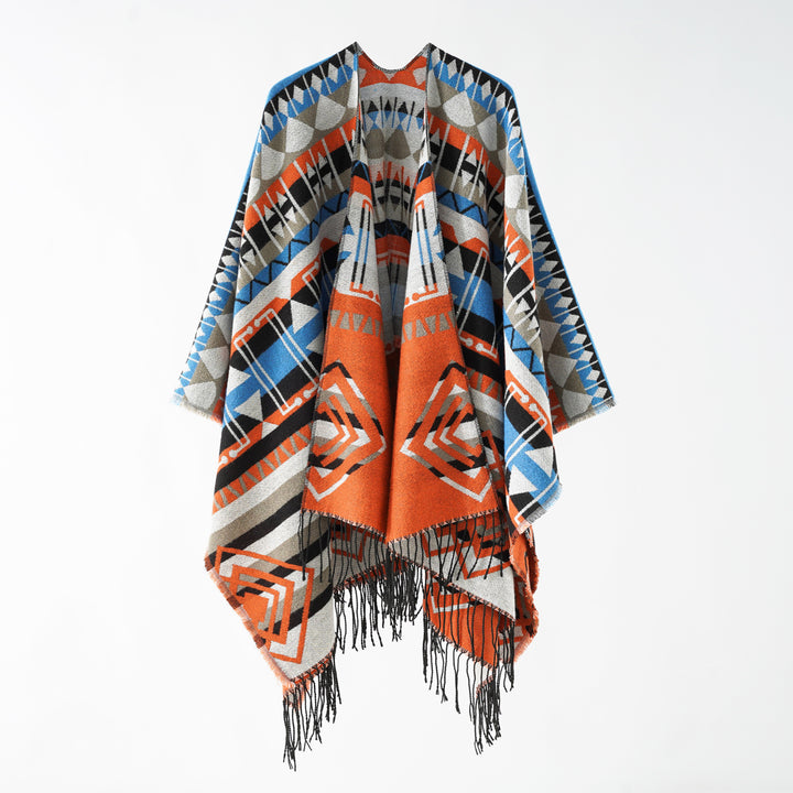 Women's Geometric Patterned Wool Blend Poncho with Point and Fringes Mune Fashion