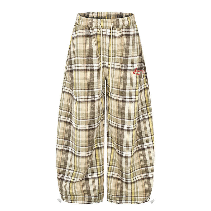 Women's Wide Check Palazzo Lounge Pants with High Comfort Waistband and Hem Drawstring