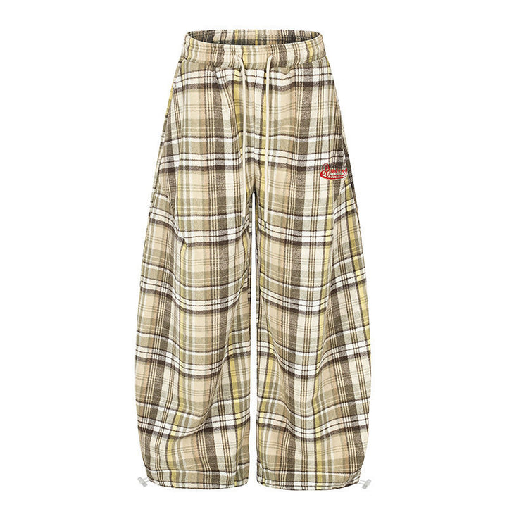 Women's Wide Check Palazzo Lounge Pants with High Comfort Waistband and Hem Drawstring