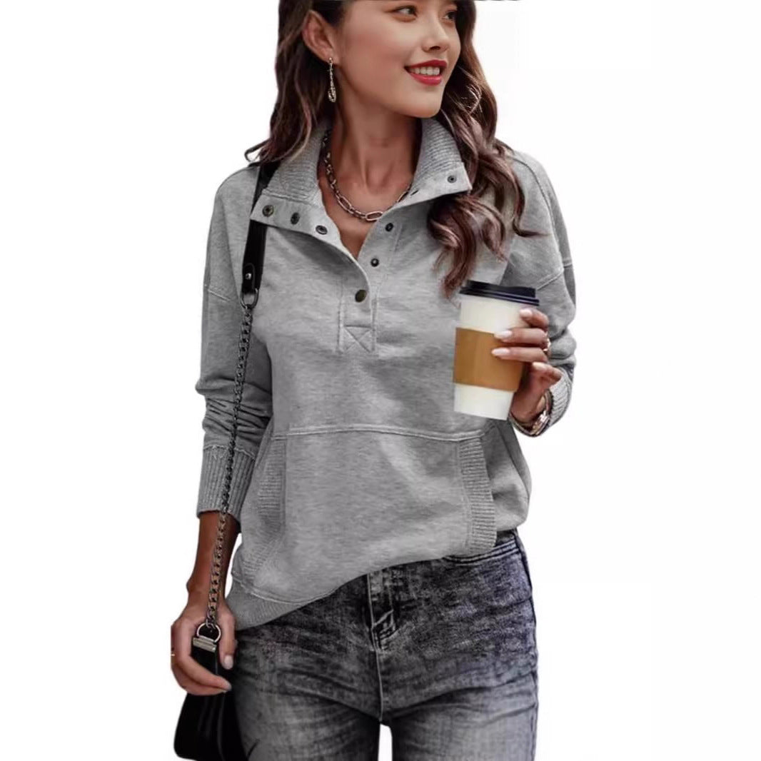 Women's sweat pullover with stand-up collar button placket and kangaroo pocket Mune Fashion