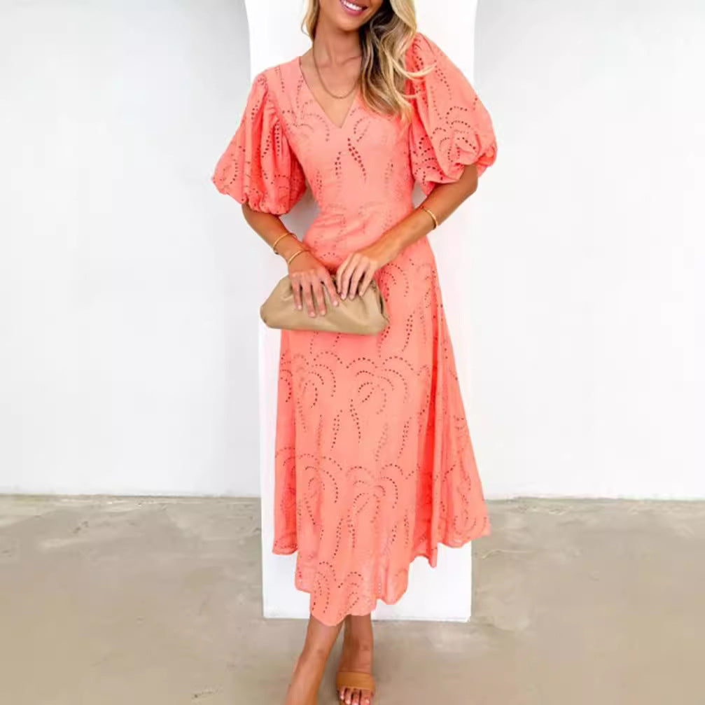 Women’s tailored mid-length dress with embroidery eyelet and voluminous balloon sleeves Mune Fashion