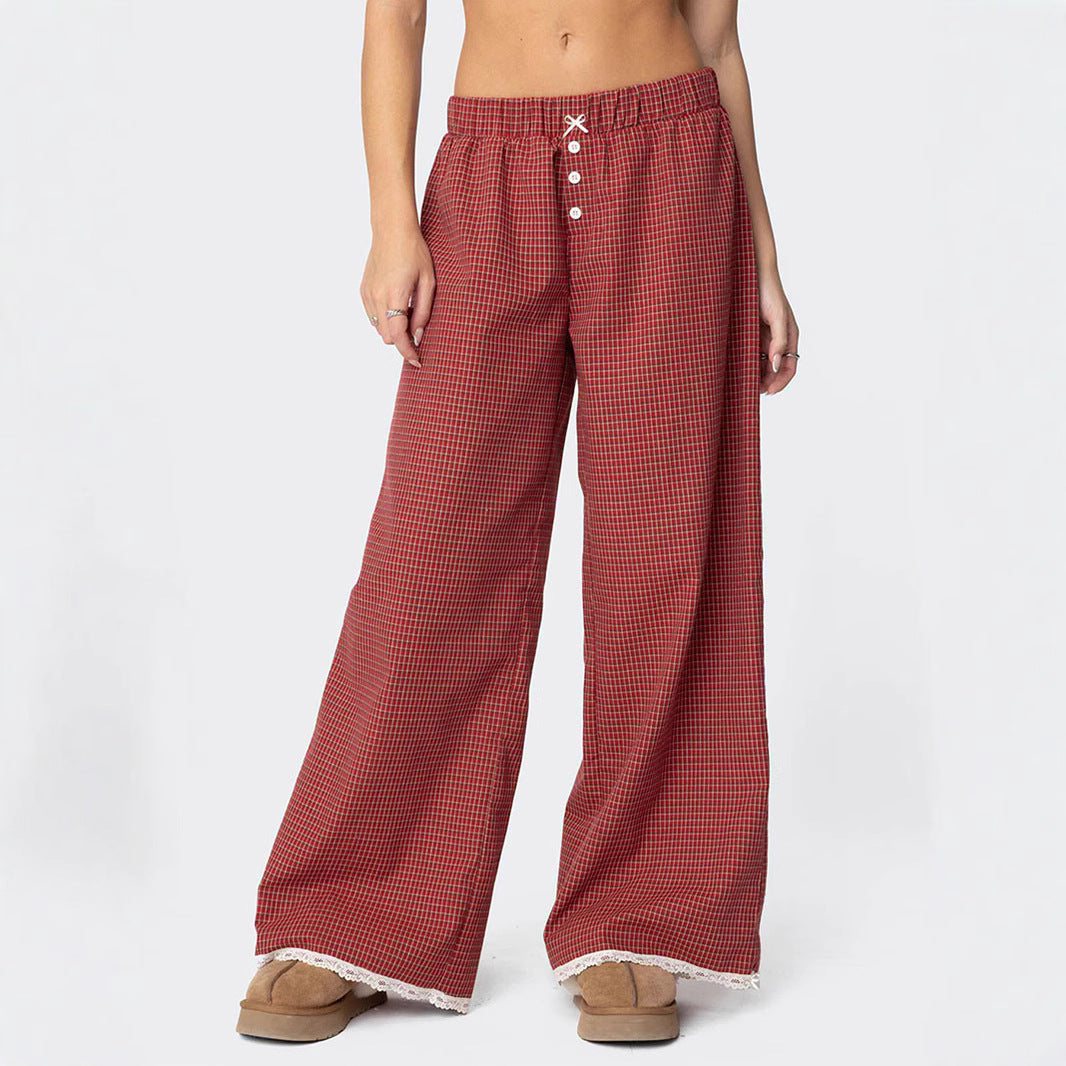 Women's Wide Lounge Pants with Elastic Waistband, Button Placket & Lace Trim Mune Fashion