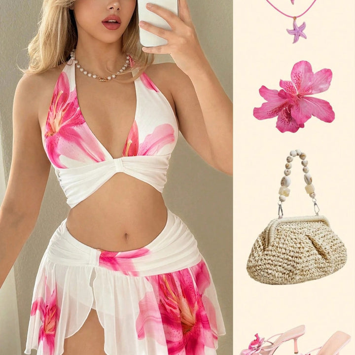 Women bikini set with fashionable wrap design and floral skirt Mune Fashion