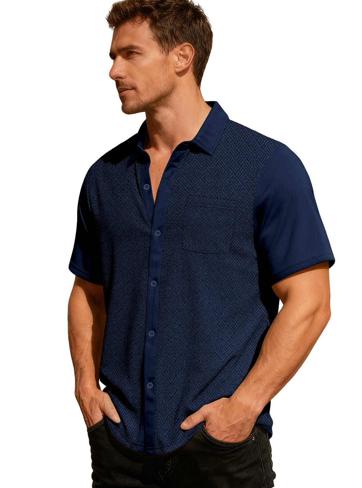 Men's leisure short sleeve shirt with jacquard texture, contrasted button placket and chest pocket Mune Fashion