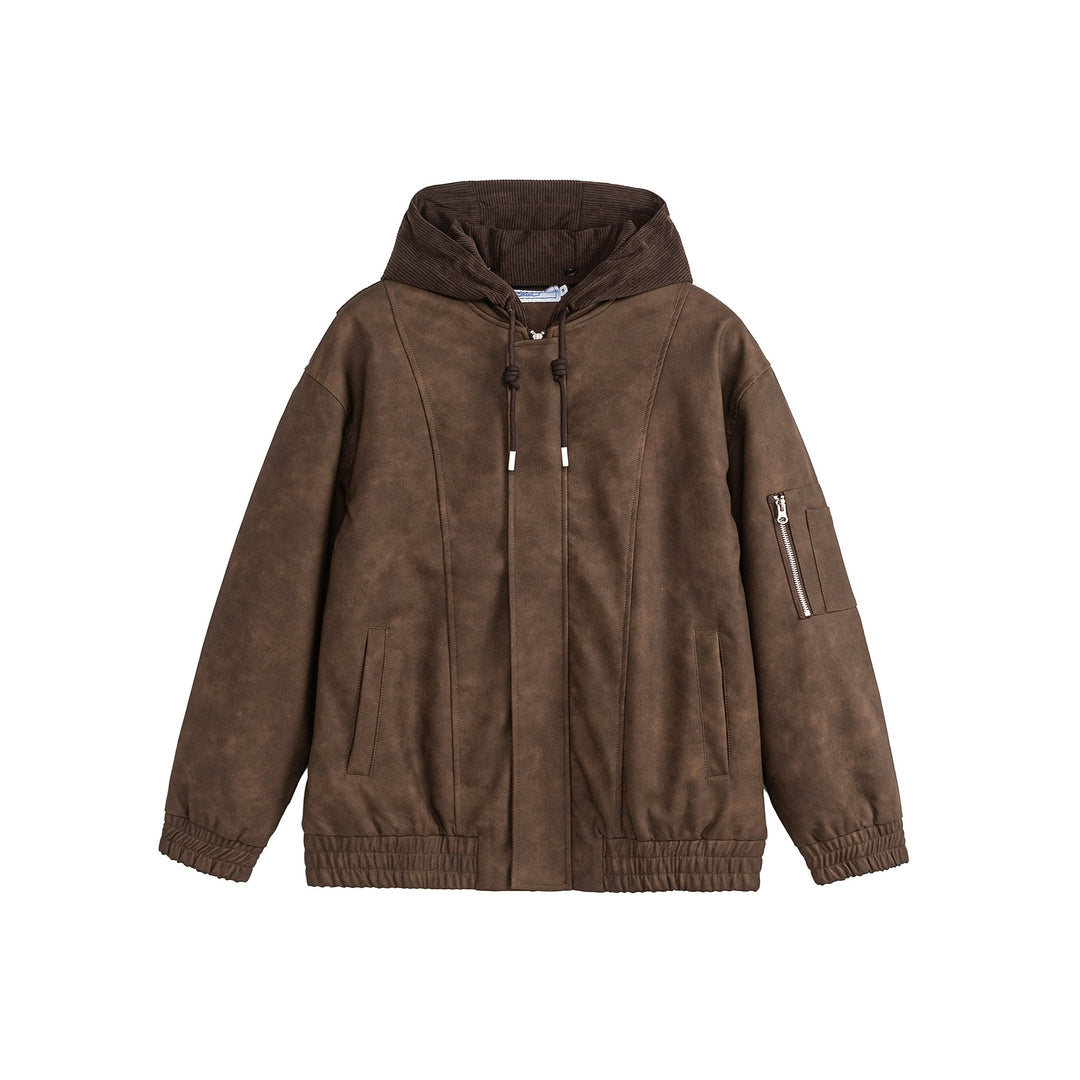 Unisex Boxy-padded Hooded Bomber Jacket with Velour Look, Cord Collar and Sleeve Zipper Mune Fashion