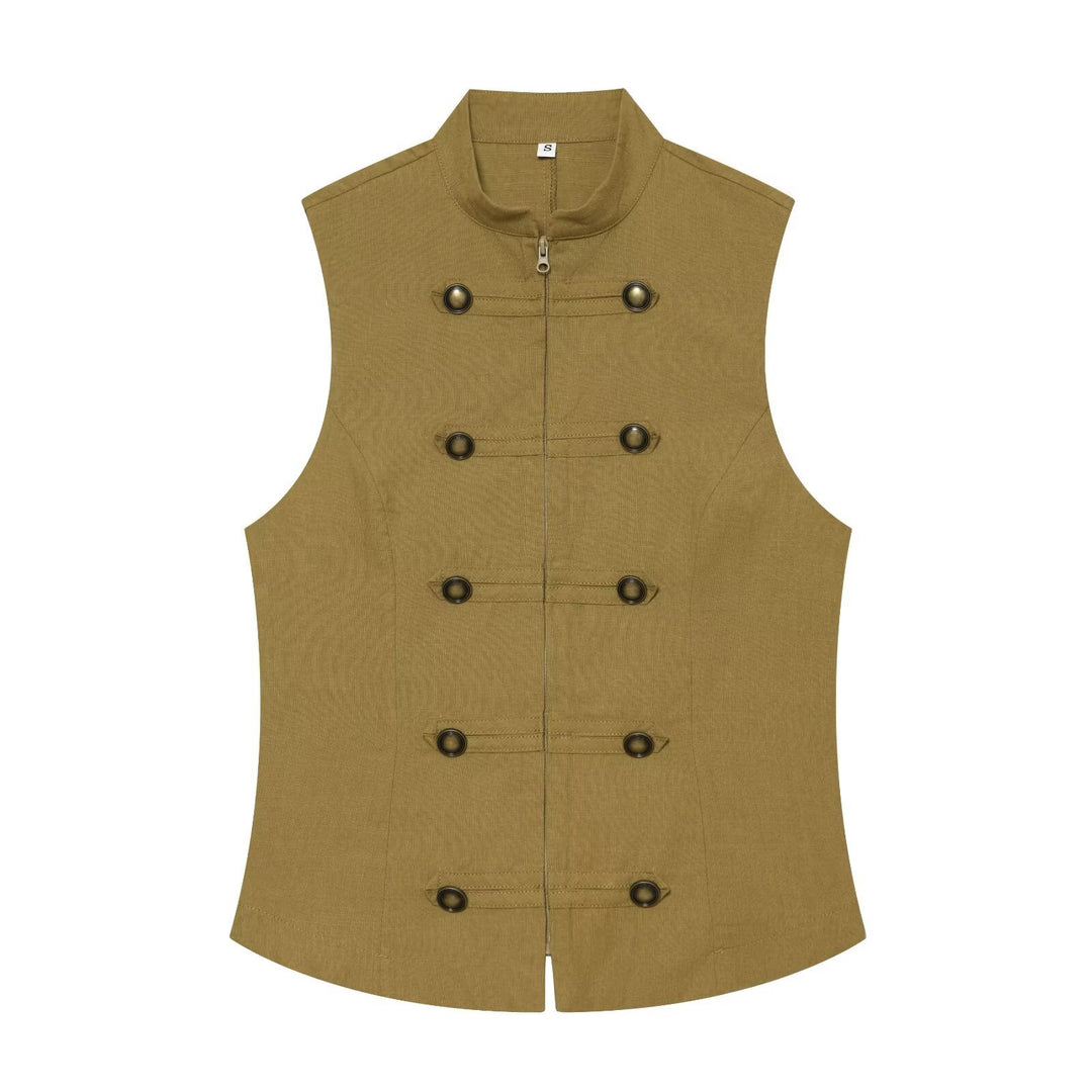 Women's fitted sleeveless military vest with stand-up collar and decorative button placket Mune Fashion