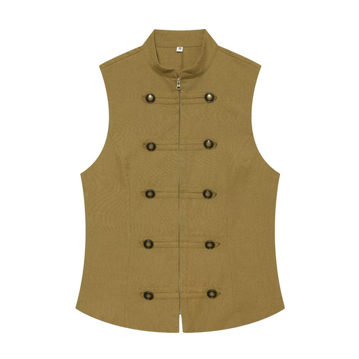 Women's fitted sleeveless military vest with stand-up collar and decorative button placket Mune Fashion