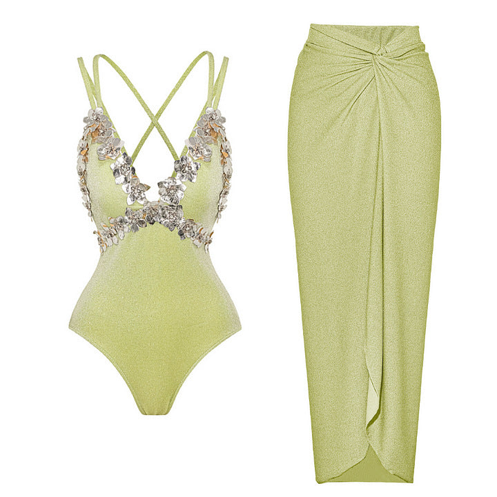 Women Glamorous One-Piece Swimsuit with Rhinestone-Embellished Floral Applications Mune Fashion