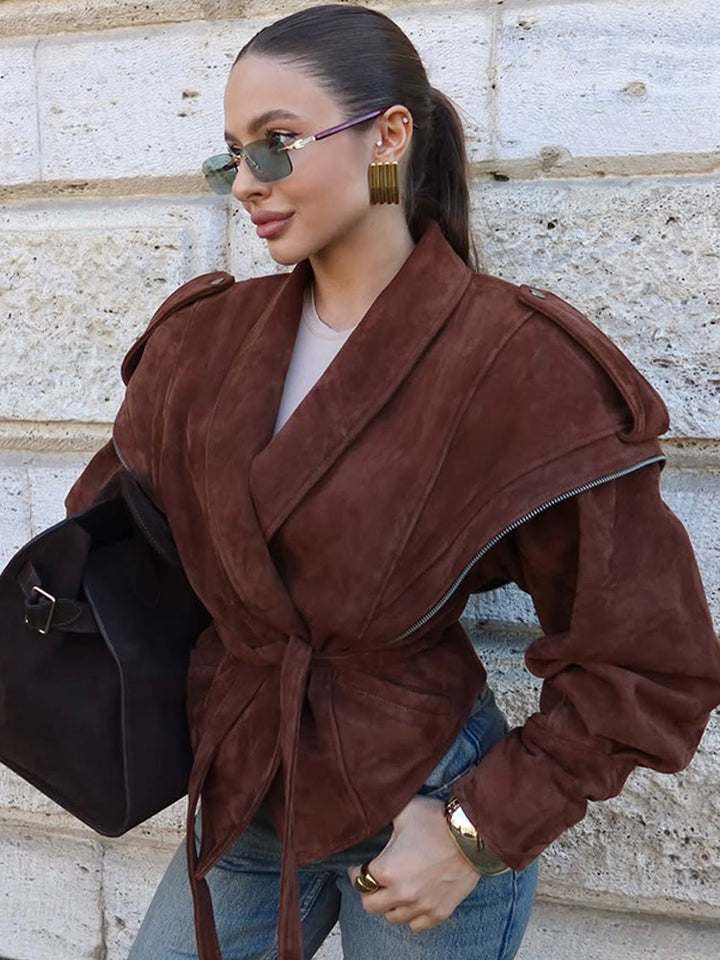 Women's Suede Wrap Jacket with Wide Shawl Collar and Waist Belt Mune Fashion