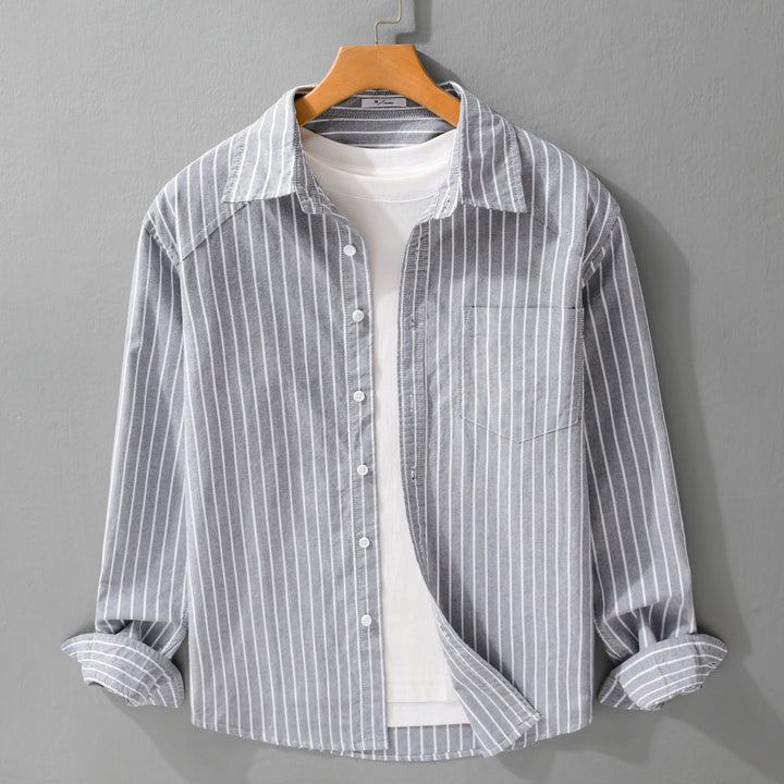 Men's pinstripe layering shirt jacket made of lightweight cotton blend with chest pocket Mune Fashion