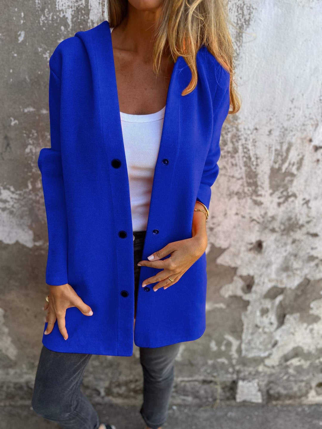 Women's hooded coat mid-length cotton blend with snap button placket and side pockets Mune Fashion