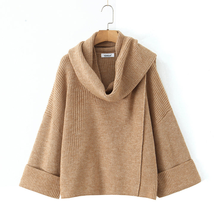 Women's Boxy-Cropped Chunky Knit Pullover with Voluminous Shawl Collar Mune Fashion