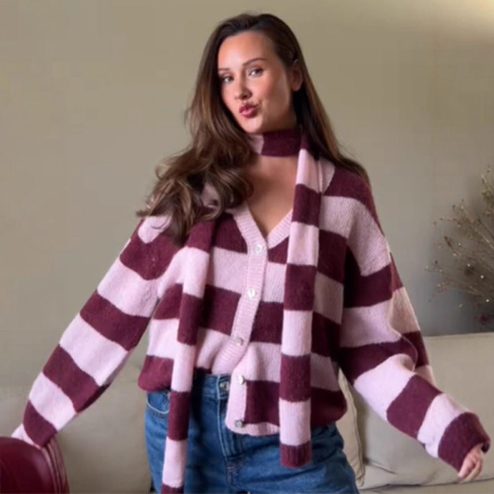 Women's Oversized Knit Cardigan Set with Block Stripes, Button Placket and Matching Scarf Mune Fashion