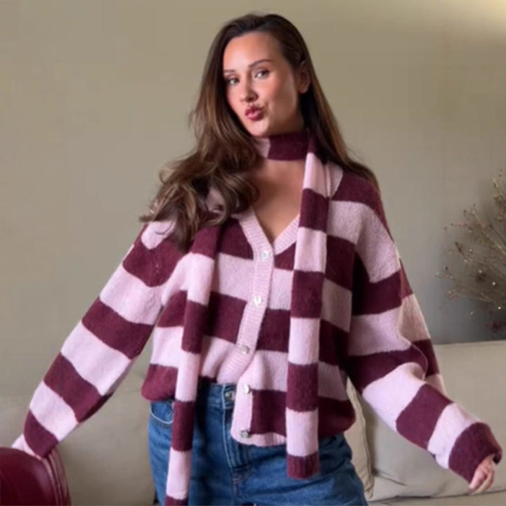 Women's Oversized Knit Cardigan Set with Block Stripes, Button Placket and Matching Scarf Mune Fashion