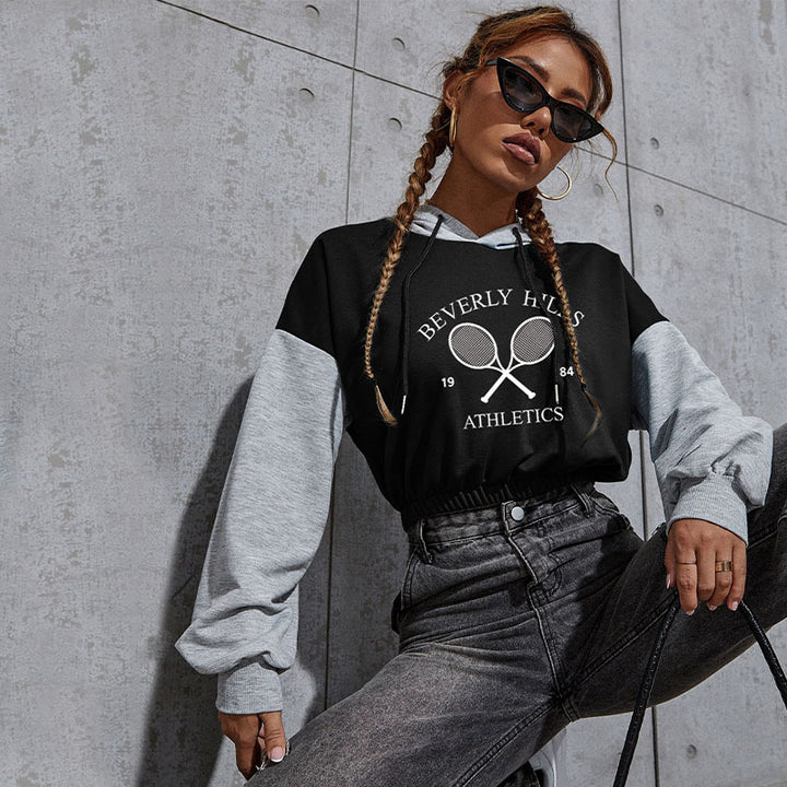 Women's Cropped Hoodie with Contrast Sleeves, Elastic Hem and Melting Smiley Print