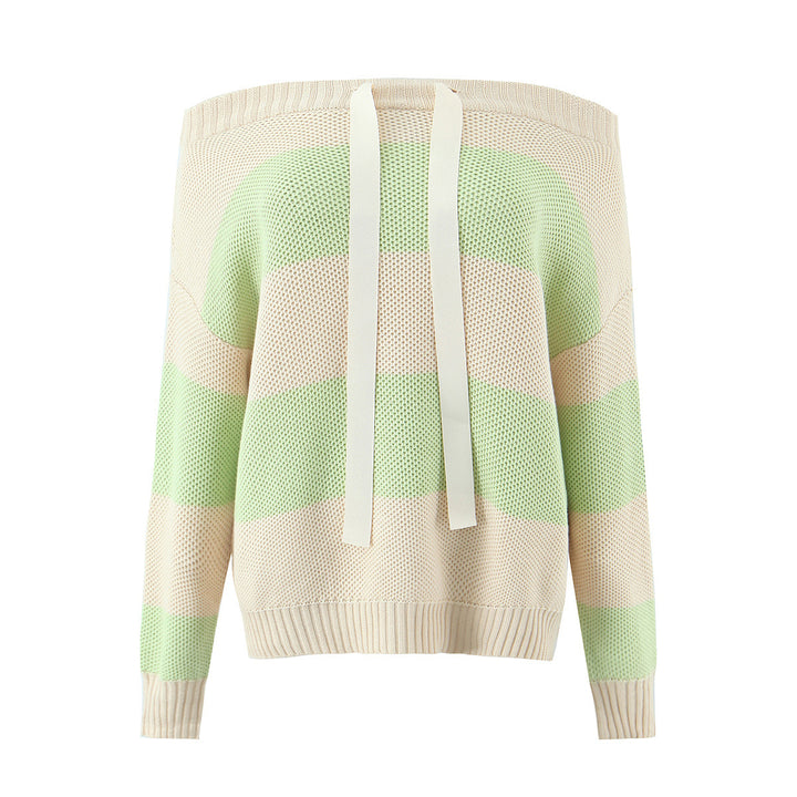 Women Oversized Off-Shoulder Sweater with Carmen Collar, Waffle Knit and Decorative Ribbons Mune Fashion