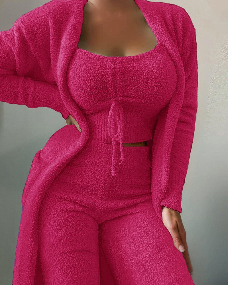 Women's luxurious teddy fleece lounge set with long cardigan, gathered cropped bustier and high waist pants Mune Fashion