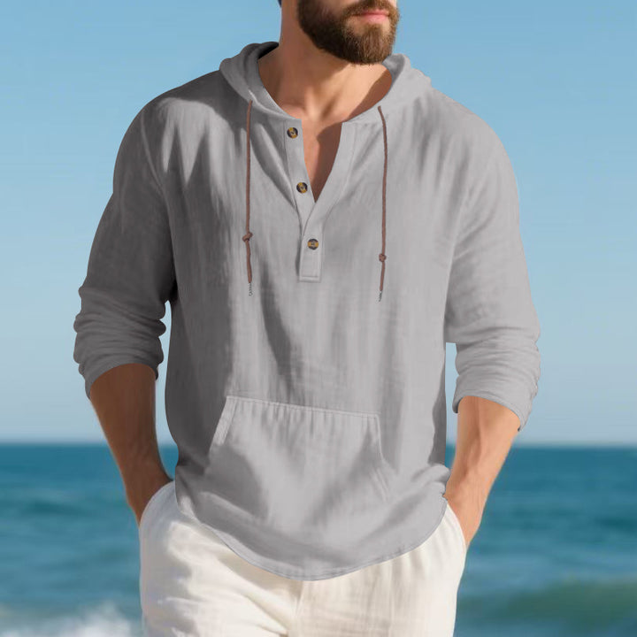 Men's lightweight linen Henley hoodie top with kangaroo pocket and casual relaxed fit Mune Fashion