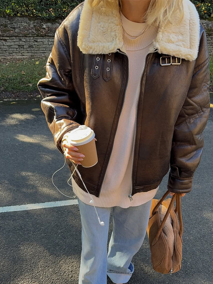 Women's Oversize Pilot Jacket made of Faux Leather with Teddy Lining and Wide Cut Mune Fashion