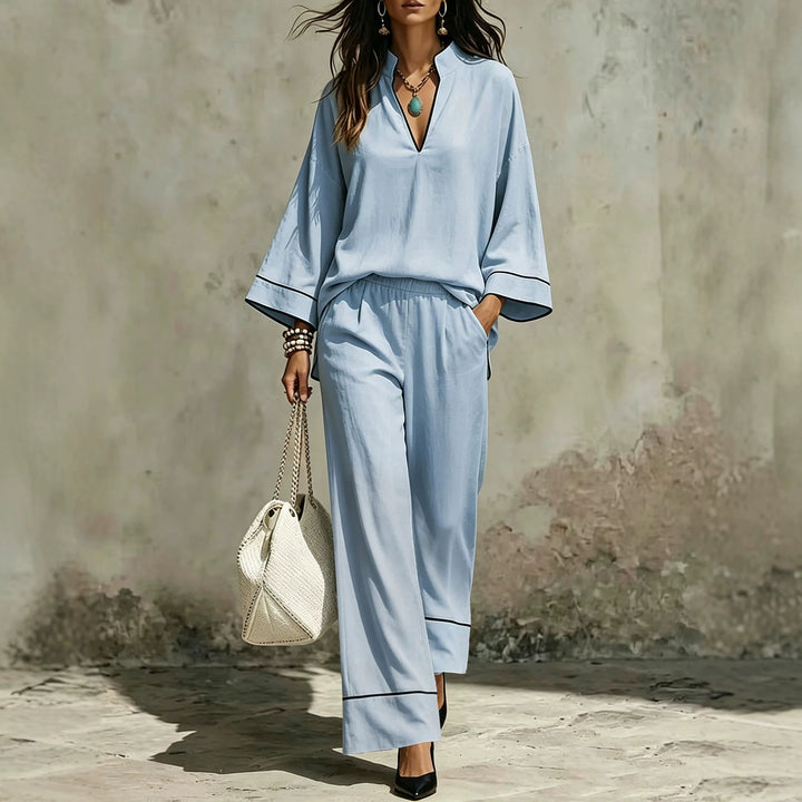 Women's Casual Two-Piece Linen Look Loungewear Set with Stand Collar, V-Neck and Wide Leg Cut Mune Fashion