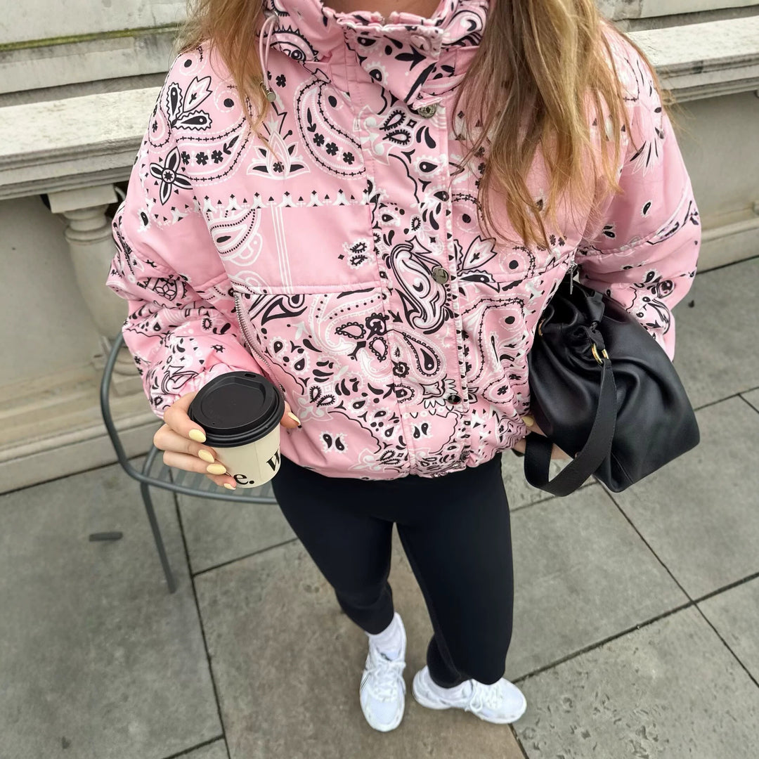 Women's Printed Hooded Transitional Jacket with Bandana Print and Kangaroo Pocket Mune Fashion