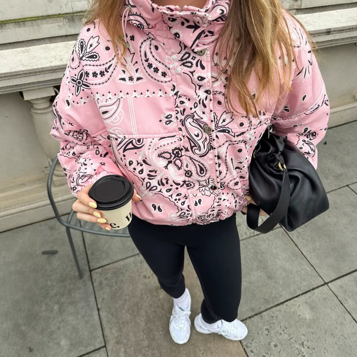 Women's Printed Hooded Transitional Jacket with Bandana Print and Kangaroo Pocket Mune Fashion
