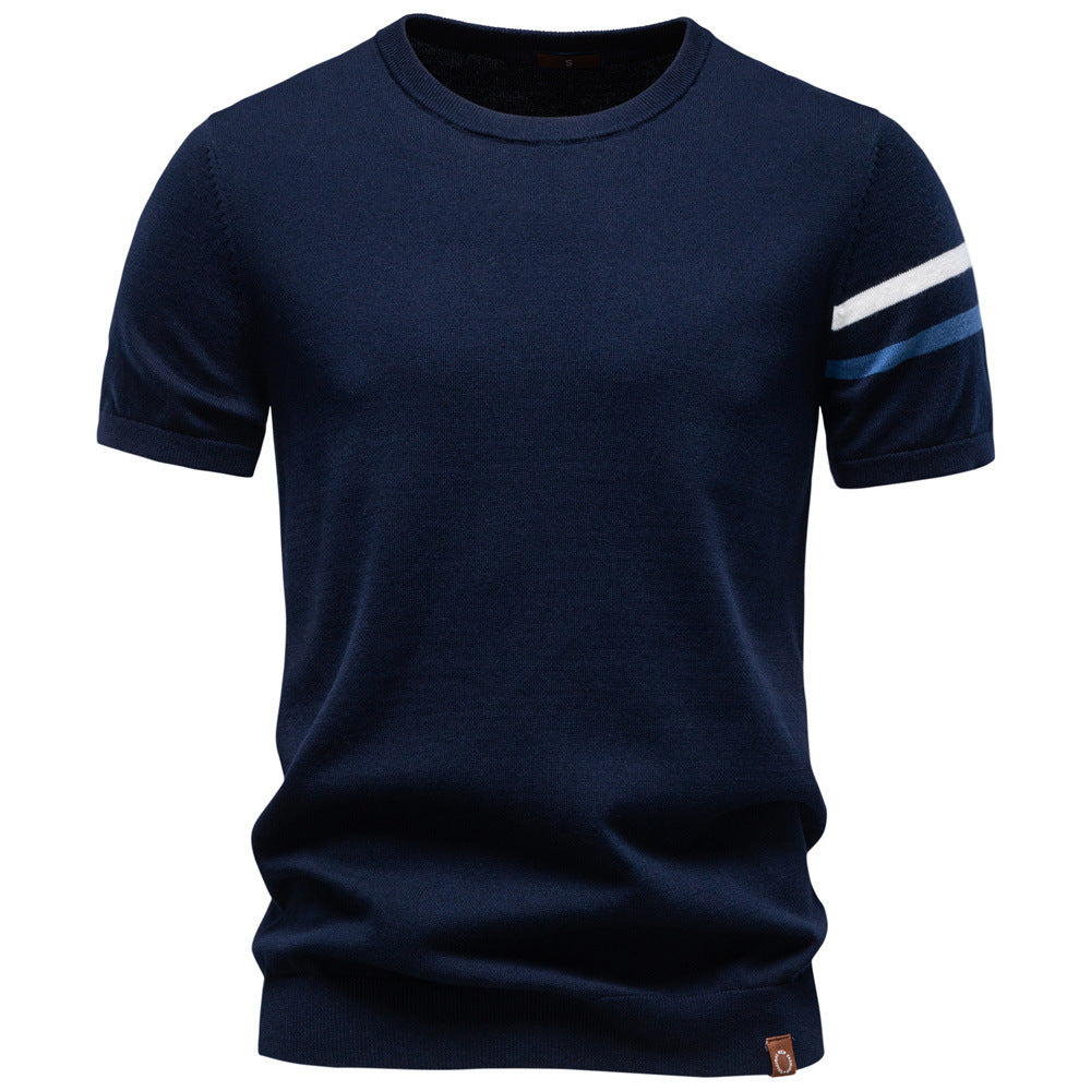 Men's fine cotton knit shirt with round neckline, short sleeves and contrasting sleeve stripes Mune Fashion