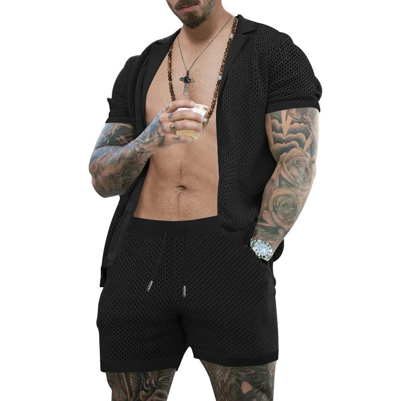 Men's open mesh knit cardigan with matching drawstring shorts Mune Fashion