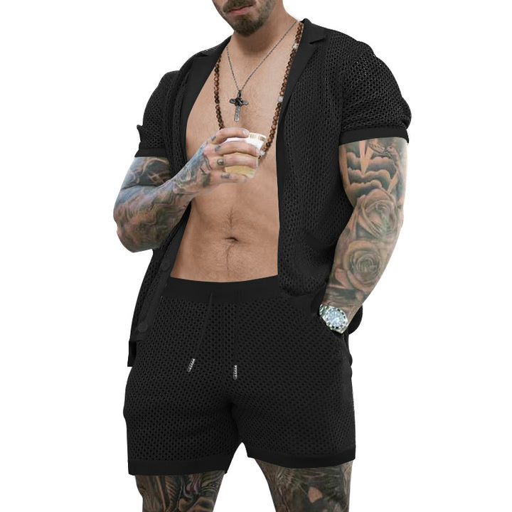 Men's open mesh knit cardigan with matching drawstring shorts Mune Fashion
