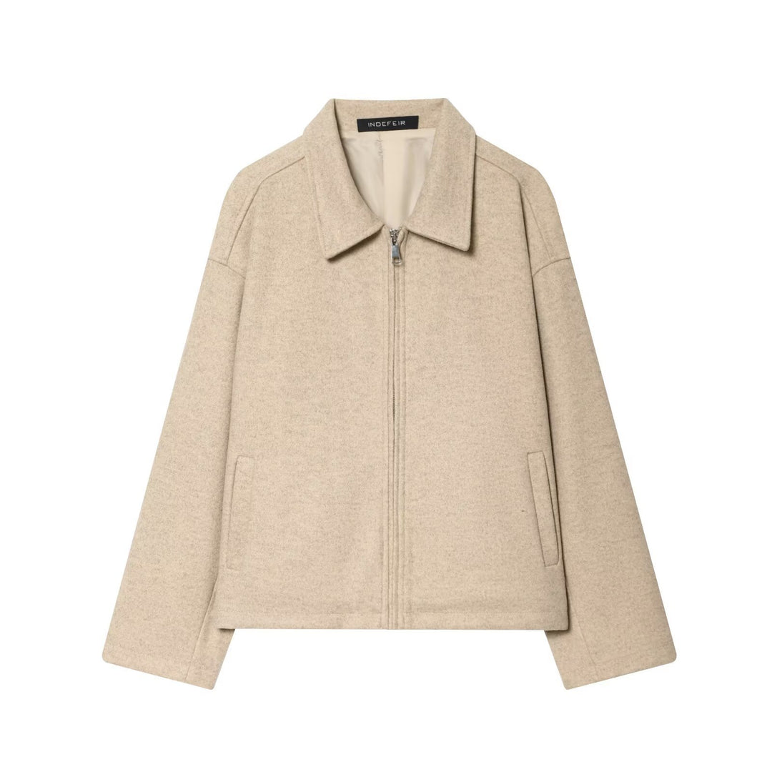 Women Boxy Wool Blend Blouson Jacket with Zipper and Shirt Collar Mune Fashion