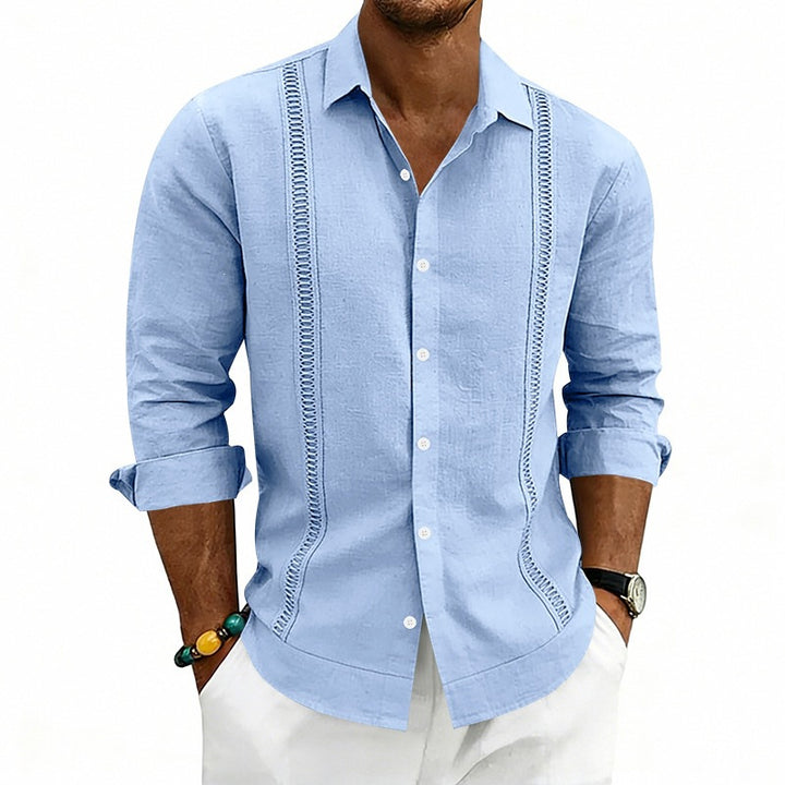 Men's Lightweight Cotton Long Sleeve Shirt with Decorative Stitches and Kent Collar Mune Fashion