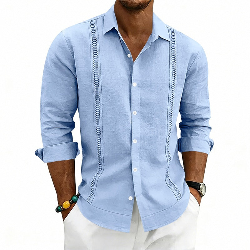 Men's Lightweight Cotton Long Sleeve Shirt with Decorative Stitches and Kent Collar Mune Fashion
