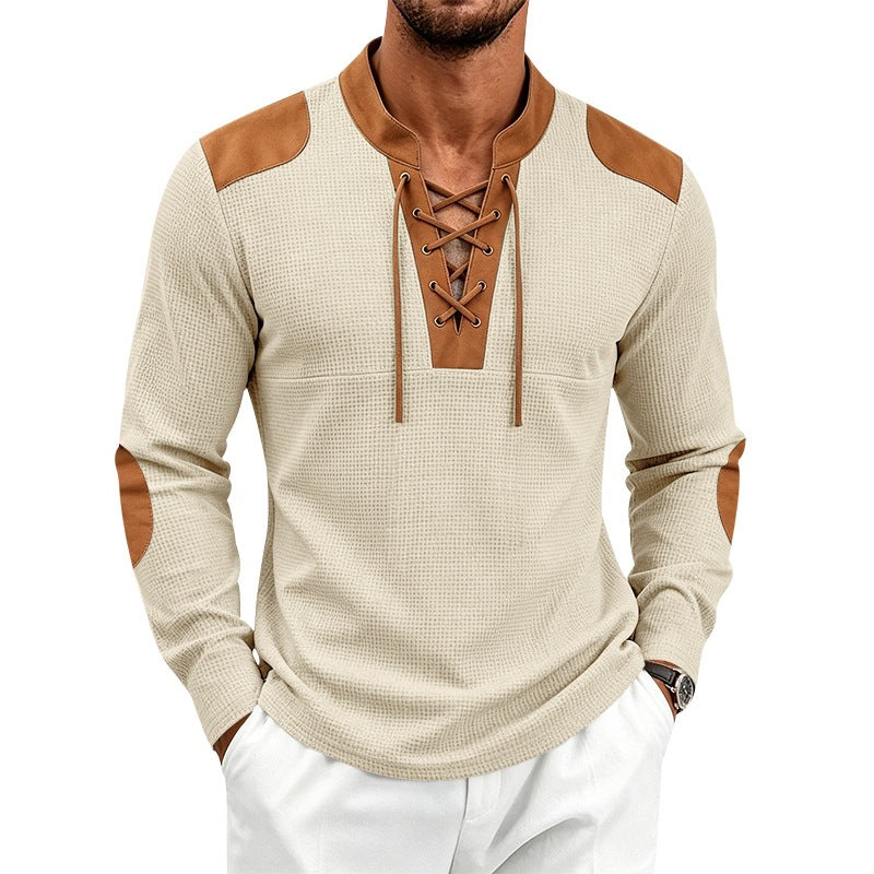 Men's Waffle Knit Long Sleeve Shirt with Laced Collar and Faux Leather Patches Mune Fashion