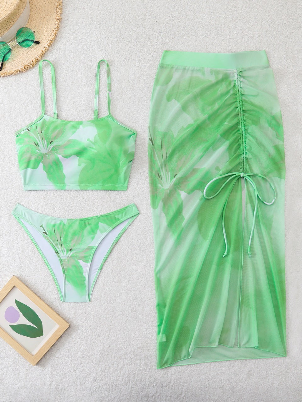 Women's bikini set with floral balconette top and transparent wrap skirt Mune Fashion