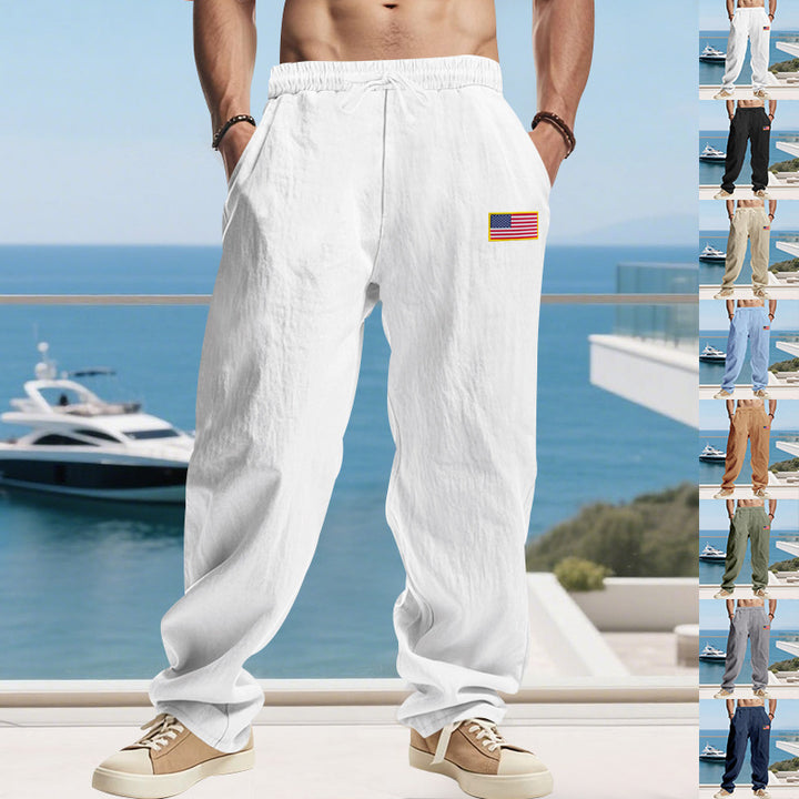 Men's Maritime Relaxed-Fit Linen-Look Casual Pants with Drawstring & Flag Patch Mune Fashion