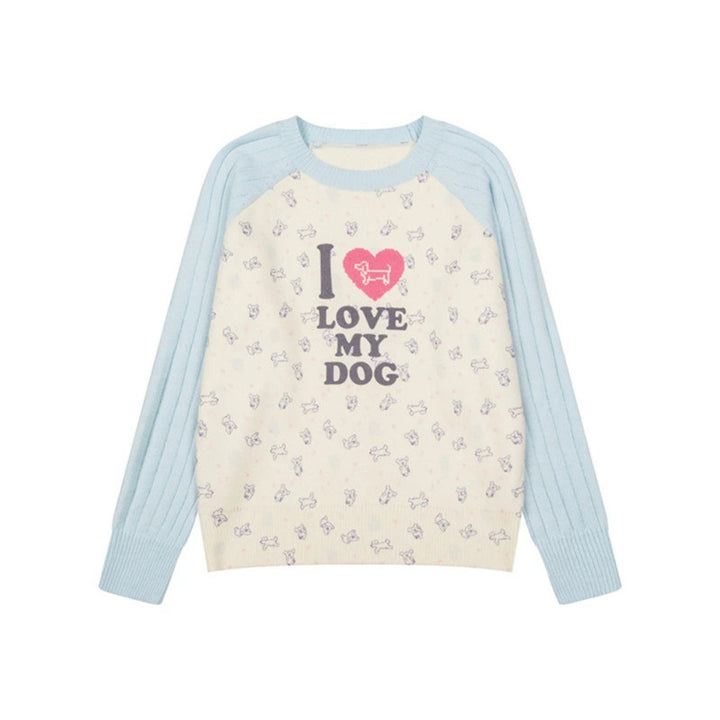 Women's knitted raglan sweater with heart dog motif, ribbed sleeves and all-over print Mune Fashion
