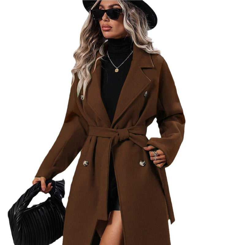 Women's double-breasted wool coat with belt and wide lapel collar Mune Fashion